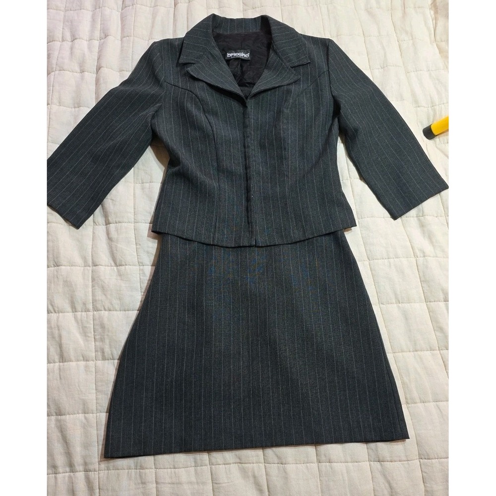 Vintage Brioche California Dress‎ Jacket Set Hook And Eye Gray Pinstripe Y2K